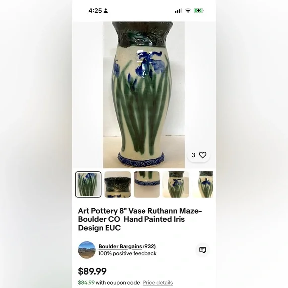 Ruthann Maze 14” Round Platter. Features her Purple Iris Design. Pottery. - Picture 10 of 11